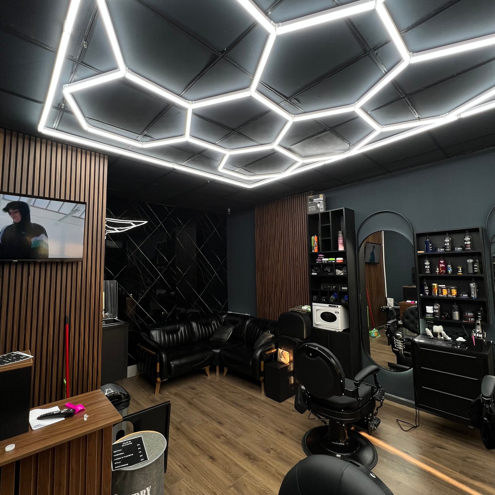Waiting area and styling zone at Clip’s Barber Shop Ferizaj